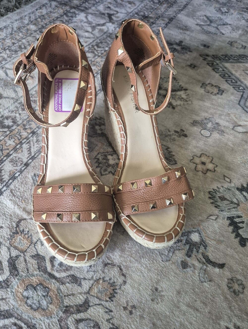 NWOT- Marc Fisher Leather Rockstud Wedge Sandals - Picture 4 of 12